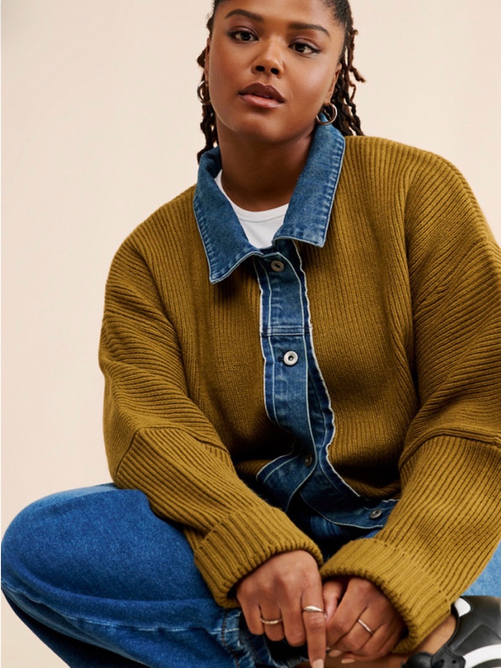 French Mauve Olive Rib-Knit Button Front Sweater